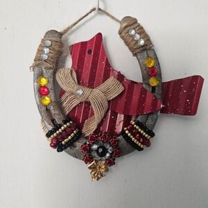 Hand Crafted Red and Gold Decorative Horseshoe with Bird Accent